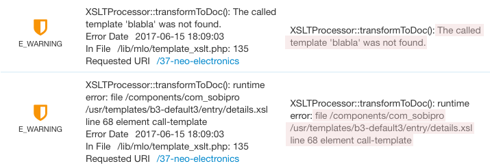 XSL error in SobiPro error log screenshot