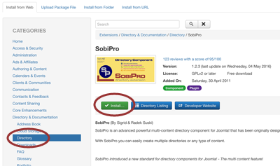 SobiPro details page on Joomla Extensions Directory screenshot