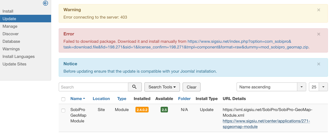 Application Manager - Joomla Updates 403 screenshot