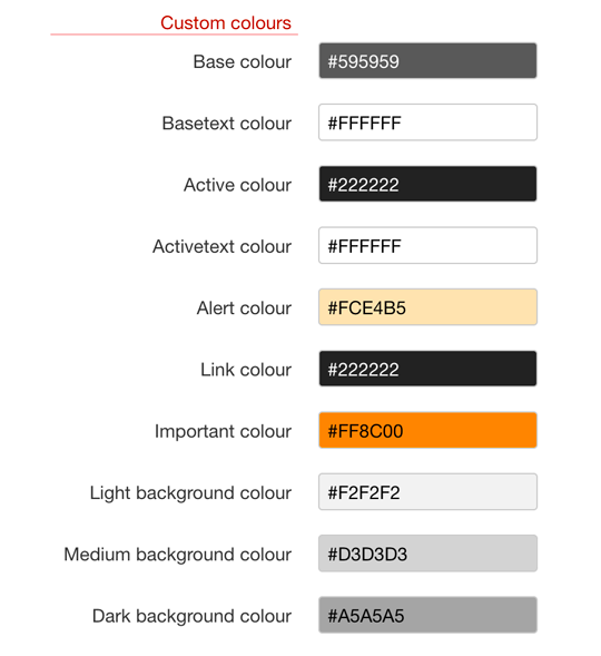 Template Settings - Custom colours Settings screenshot