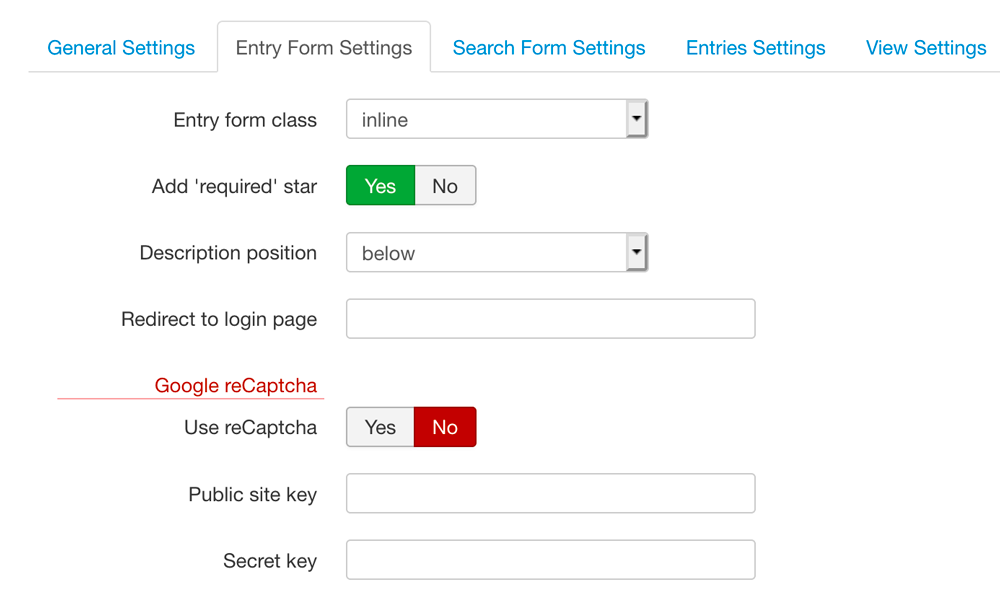 Template Settings - Entry Form Settings screenshot