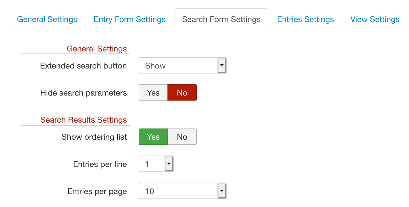 Template Settings - Search Form Settings screenshot