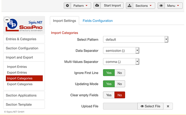 Import Categories Settings