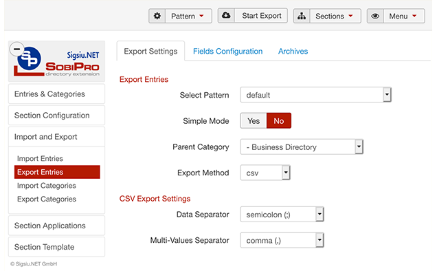 Export Entries Settings