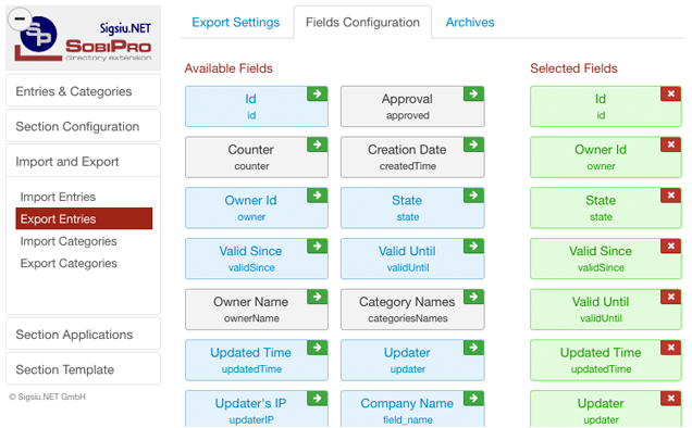 Export Entries Fields Configuration