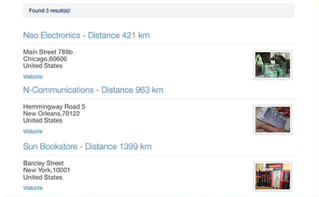 Search results with distances to given location
