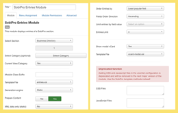 Entries Module for SobiPro component  - configuration settings screenshot