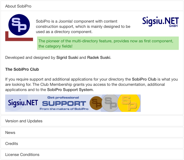 SobiPro Control Panel - Information Pane screenshot