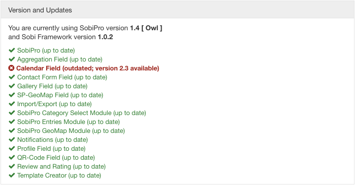 SobiPro Control Panel - Information Pane - Versions screenshot