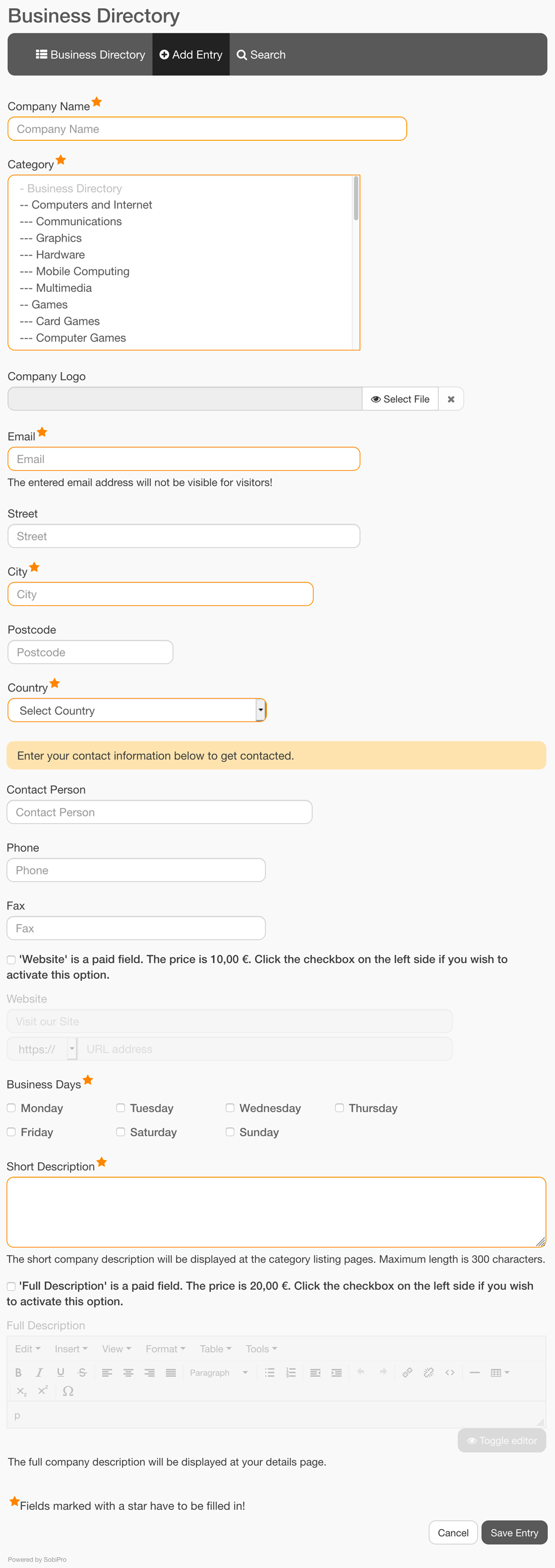 The SobiPro entry form on front-end screenshot