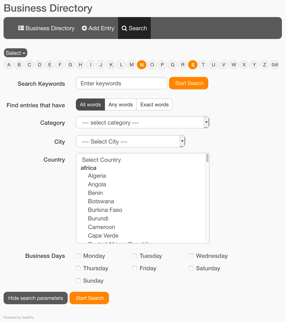 The SobiPro search form on front-end screenshot
