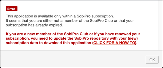 SobiPro - Application installation failed screenshot