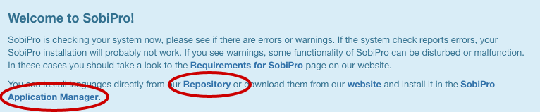 SobiPro Installation - Hint for Language installation screenshot