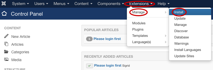 SobiPro Installation - Joomla! Admin Panel screenshot