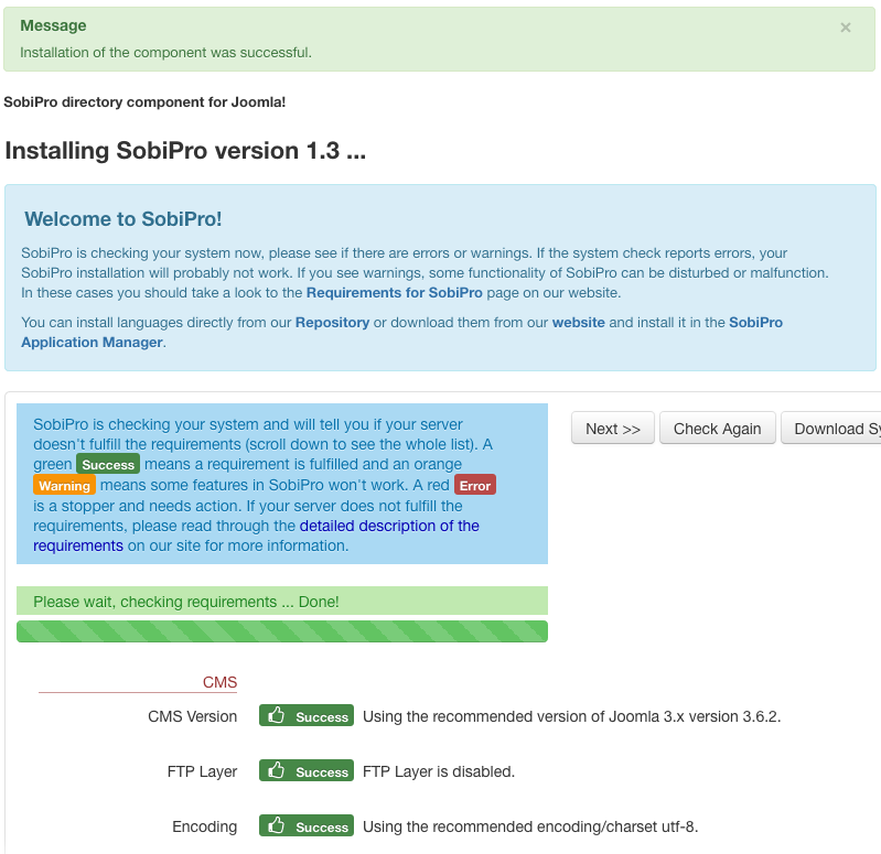 SobiPro Installation - SobiPro Server Requirement Check screenshot