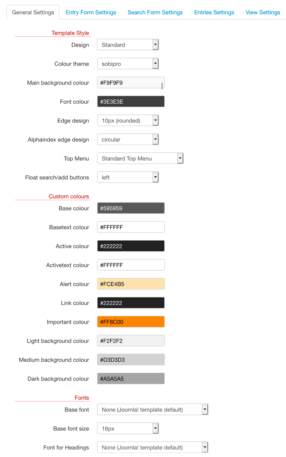 Template Settings - General Settings screenshot