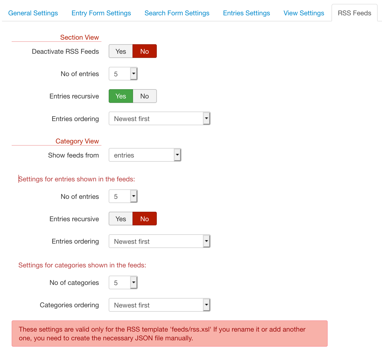 Template Settings - RSS Feeds screenshot